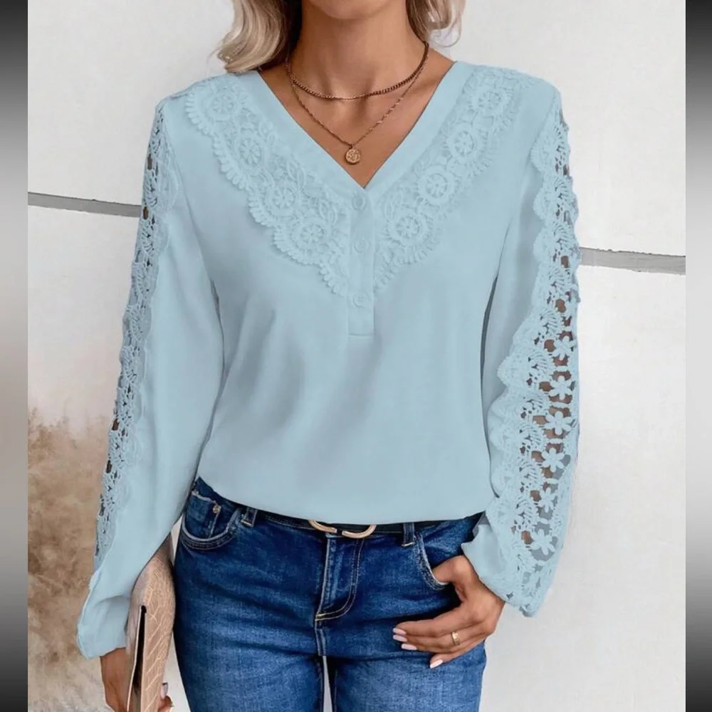 Luxe lace detail V neck blouse